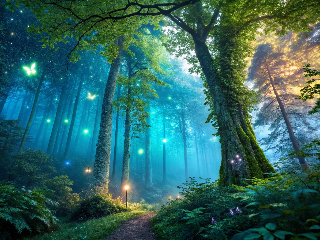 A digital painting of a couple embracing in a magical forest, with glowing trees and ethereal creatures in the background, representing the romantasy genre.